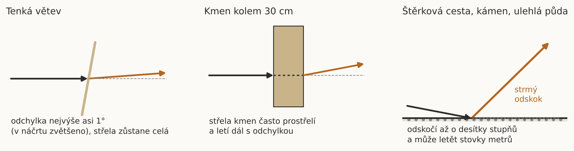 Chování střely na větvi, na kmeni a na tvrdém podkladu. Vlastní zjednodušený náčrt podle Rottenberger (2011) a Kneubuehl (2011).